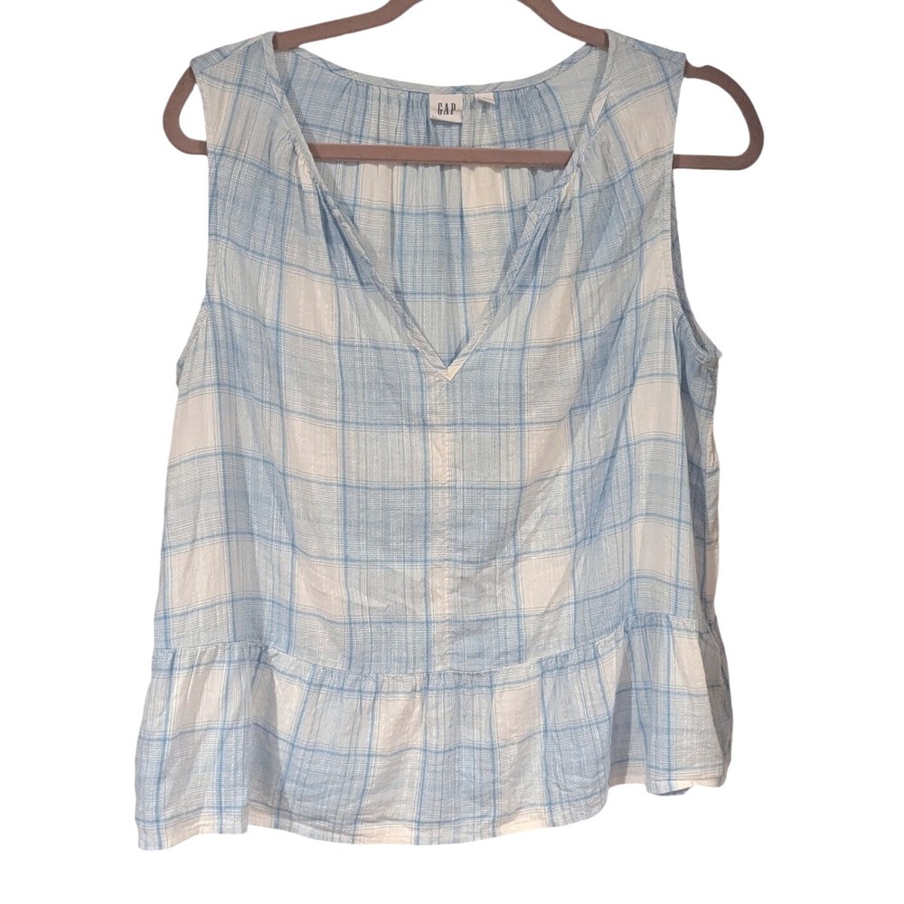 GAP Plaid Peplum Tank Top Sz S Blue White Sleeveless Split Neck Cottagecore Boho